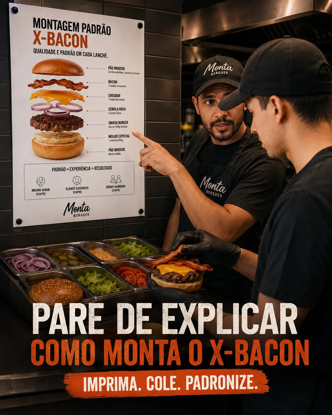 Equipe seguindo a ficha de montagem na cozinha